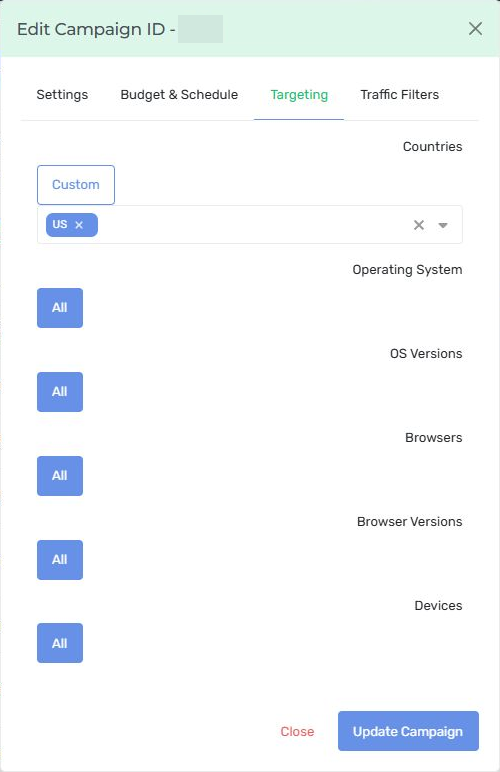 Nexus advertiser campaign Targeting tab with country, OS, OS-version, browser, browser-version and device selectors; campaign ID hidden.