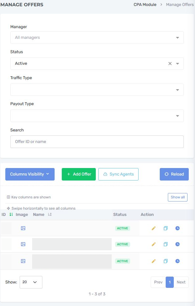 Nexus CPA offer management with filters, search, status and edit, clone and history actions. Identifying values are hidden.