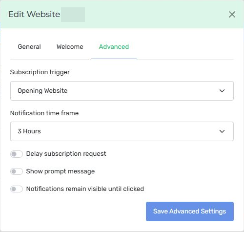Nexus Publisher website Advanced tab showing subscription and notification behavior, with the website identifier hidden.